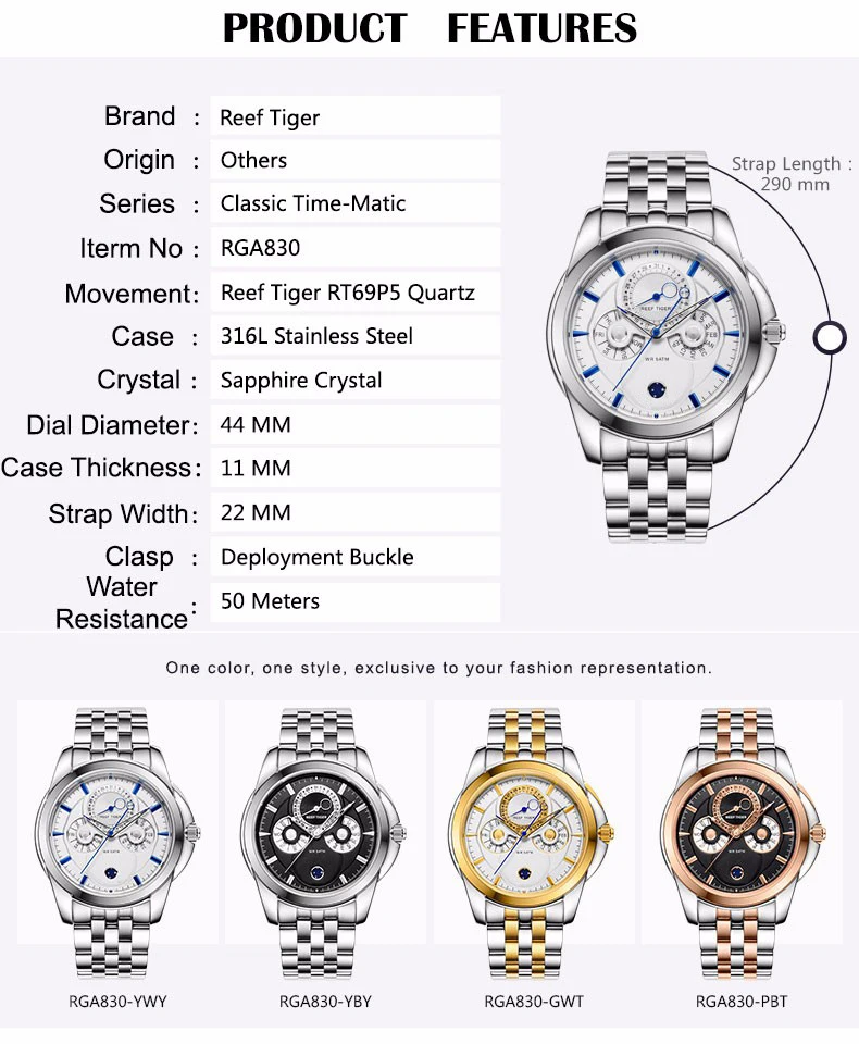 Reef Tiger/RT роскошные часы из розового золота мужские многофункциональные кварцевые часы с календарем и фазой Луны RGA830
