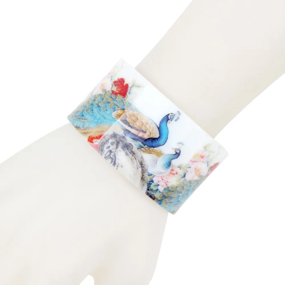 Plastic Chinese Classical Peacock Painting Bangles Bracelets Fashion Vintage Craft Jewelry For Women Girls Ladies Gift