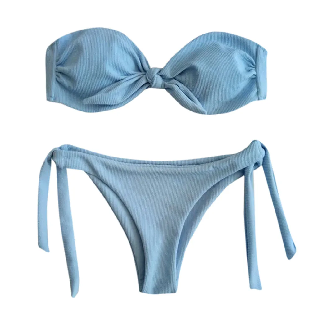

SAGACE Sexy Bow Tie Bandeau Women Knotted Bikini Set Sky Blue Bikini Push Up Bathing Suit Bandage Bottom Swimwear
