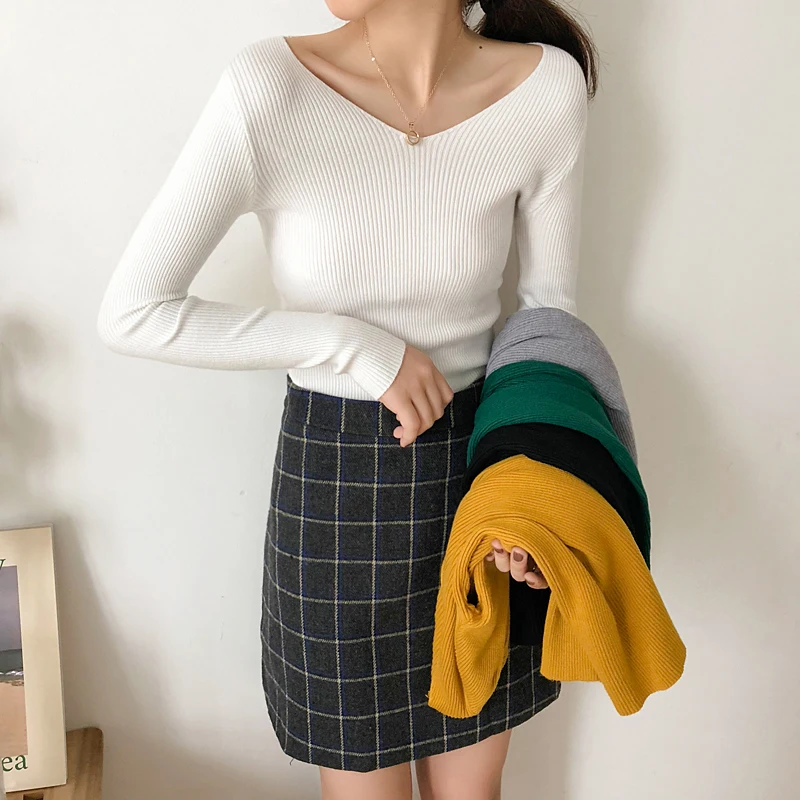 Herbst winter neue 2018 frauen pullover und pullover mit v-ausschnitt feste dünne reizvolle elegante dame pull outwear tops