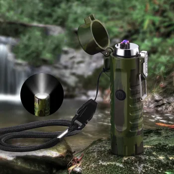 

Newest Creative Outdoor camping LED flashlight windproof cigarette device double arc seal waterproof USB Charging lighter