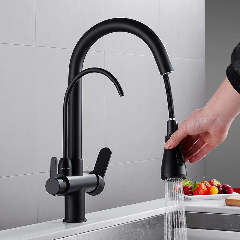  Deck Mounted Black Kitchen Faucets Pull Out Hot Cold Water Filter Tap for Kitchen Three Ways Sink M - 32992383959