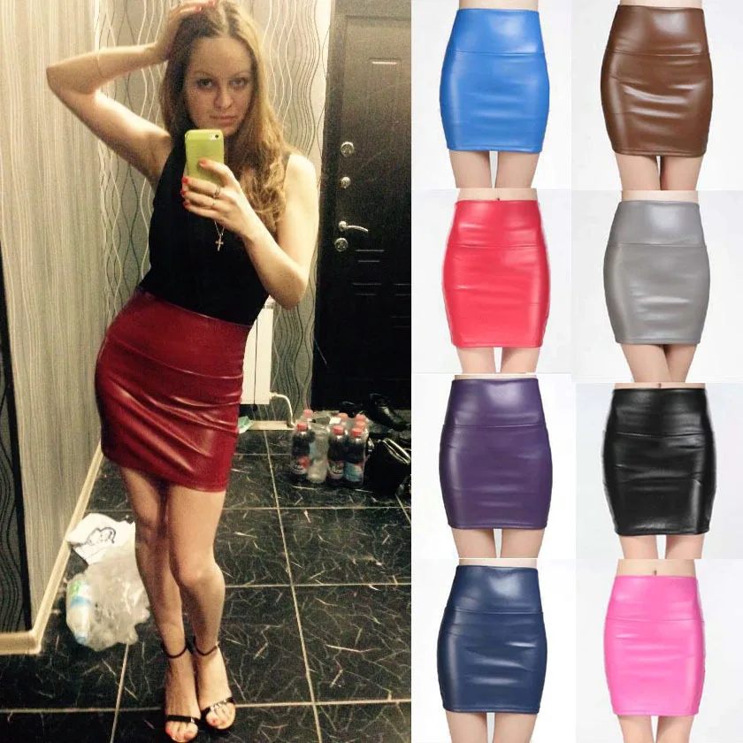 Женская юбка карандаш из искусственной кожи с высокой талией|saia feminina|leather skirtpu