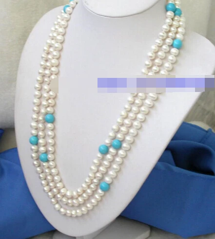 

Jewelr 005654 NATURAL 80" 8-9mm white freshwater pearl turquoise necklace