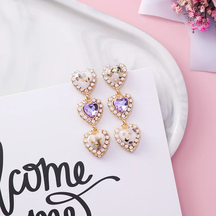 MENGJIQIAO 2018 New Colorful Shell Love Heart Crystal Long Pendientes Mujer Moda Statement Rhinestone Drop Earrings For Women