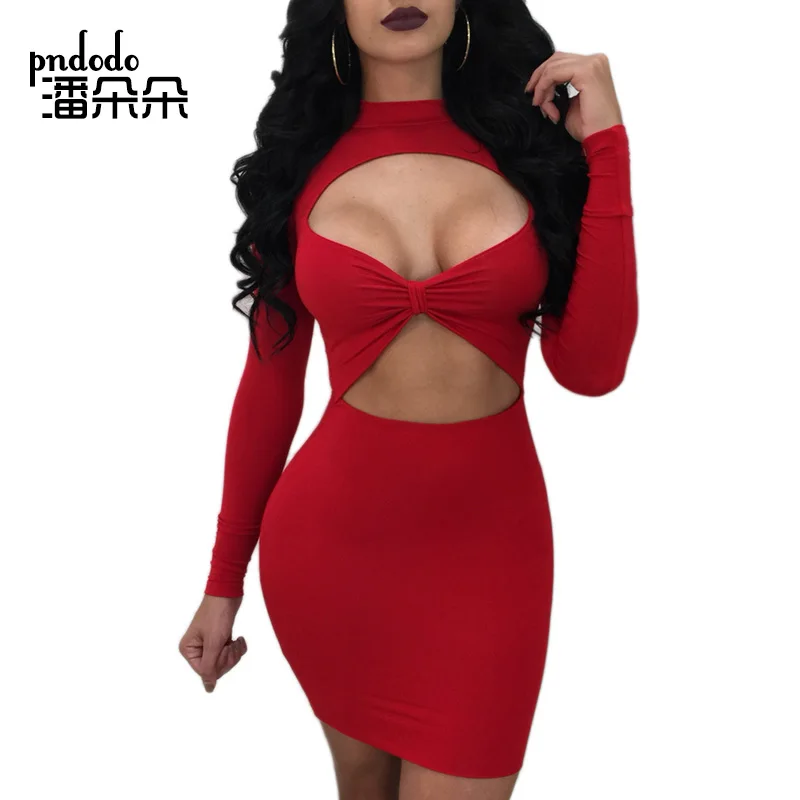 Pndodo Long Sleeve Bodycon Party Mini Dress with Bow Women Hollow Out