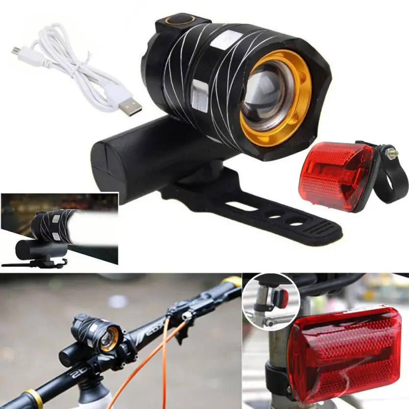 USB Rechargeable LED Bike Bicycle Cycling Headlight Front Light Tail Rear Lamp