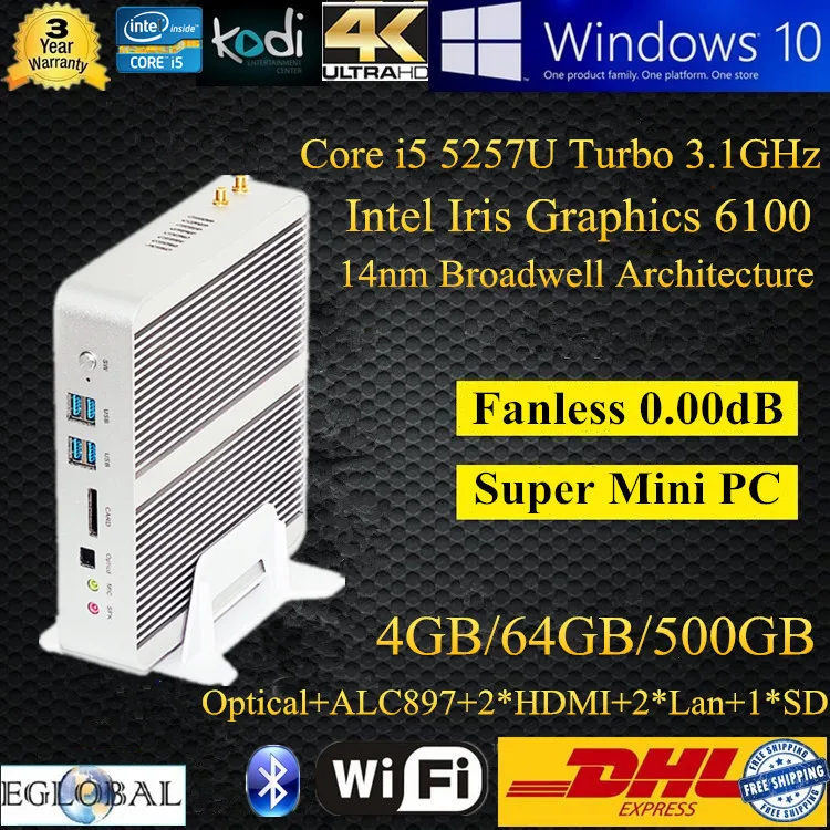 5th Gen i5 Mini PC 4GB Ram 64GB SSD 500GB HDD Intel Core i5 5257U Graphics Iris 6100 HTPC 4K HD TV Player HDMI DHL Free Shipping