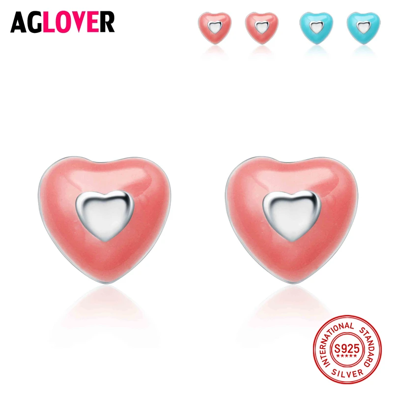 

2018 New Arrival Romantic Blue/Pink Love Heart 925 Sterling Silver Ladies Stud Earrings Jewelry Drop Shipping Valentine'S Day