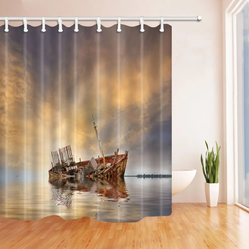 Boat Shower Curtain Set Dark Blue Yellow Sky Broken Boat Floating On