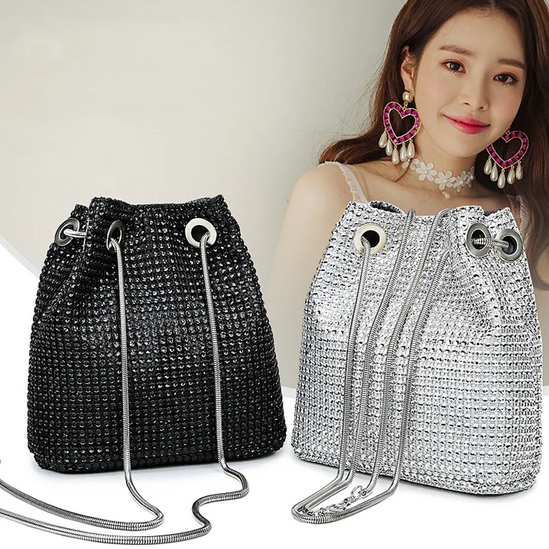 

AUAU-Rhinestone Inlaid Flash Bucket Clutch Bag For Evening Party Fashion Banquet Fashion Shoulder Storage Totes Bags For Women