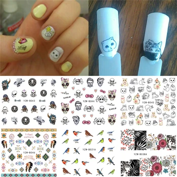 

6 Sheets/Lot Water Transfer Nails Art Sticker Harajuku Element Cats Halloween Skull Bird Flower Nail Decal Manicure Decor