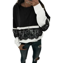 Женские свободные вязаные футболки рубашка с длинными рукавами Повседневные Топы Женский с полоской кружевной пуловер-рубашка женская футболка черный/розовый/желтый