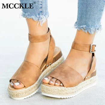 

MCCKLE Women Leopard Sandals PU Leather Ankle Buckle Peep Toe Flat Platform Female Shoes Summer Thick Bottom Plus Size Footwear