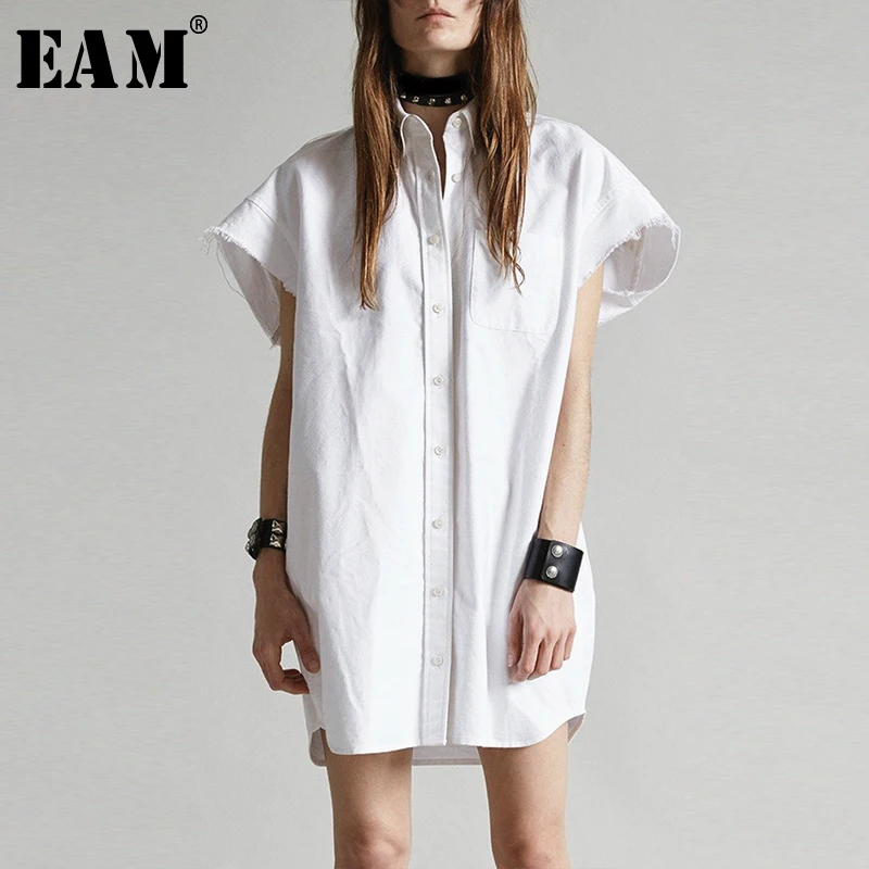 

[EAM] 2019 New Spring Summer Round Neck Short Sleeve White Burr Split Joint Loose Big Size Shirt Dress Women Fashion Tide JW628
