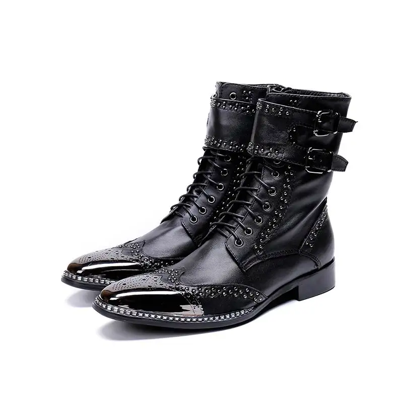 Designer Alta Med Rebites Errfc Punk Moda Top Botas Charme Sapatos Martin Mens Preto Do De Bracelete Homem Couro 1ddwSYq