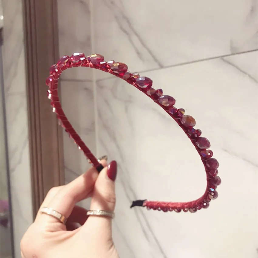 LEVAO Hair Accessories for Women Hairband Shiny Crystal Beads Headband Hair Bands Hoop Girls Hair Hoop Bezel Party Headdress - Цвет: Бургундия