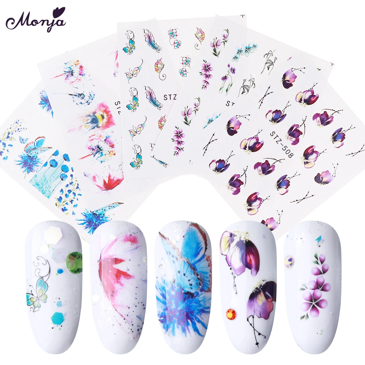 

Monja 1 Sheet Nail Art Water Transfer Stickers Purple Fantacy Flower Butterfly Watermark Slider Decals Tips Manicure Decoration