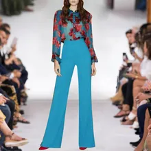 Европейская и американская мода, двойные комплекты, шифоновая блузка с цветочным принтом, однотонные штаны, Подиумные тонкие комплекты из двух предметов