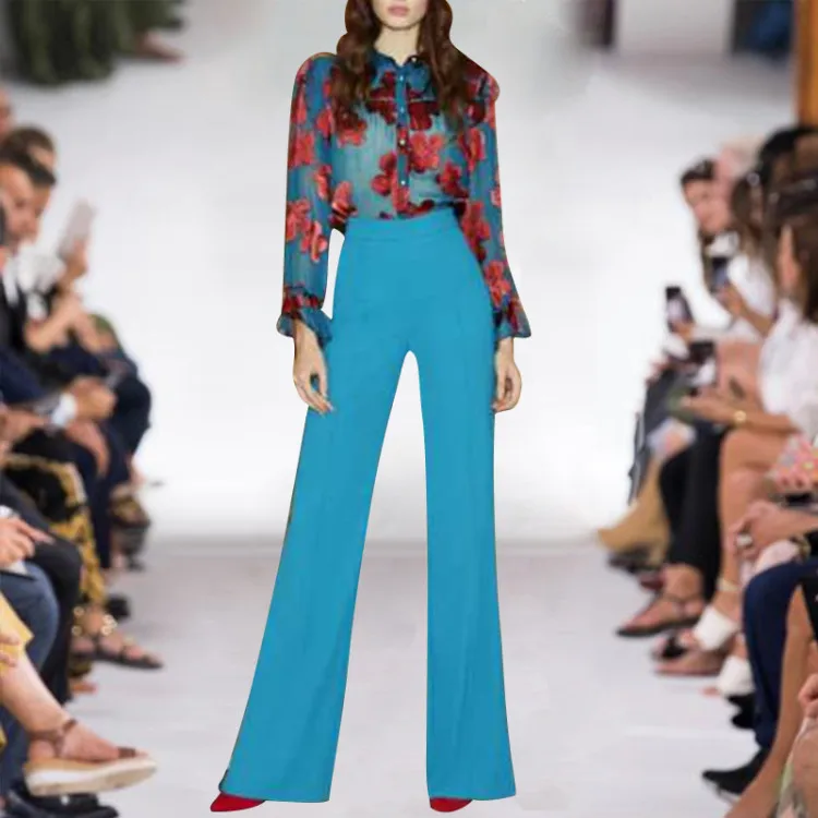 

2019 European American Fashion Twin Sets Chiffon Flower Pritning Blouse Solid Color Pants Runway Slim Two Pieces Pants Sets