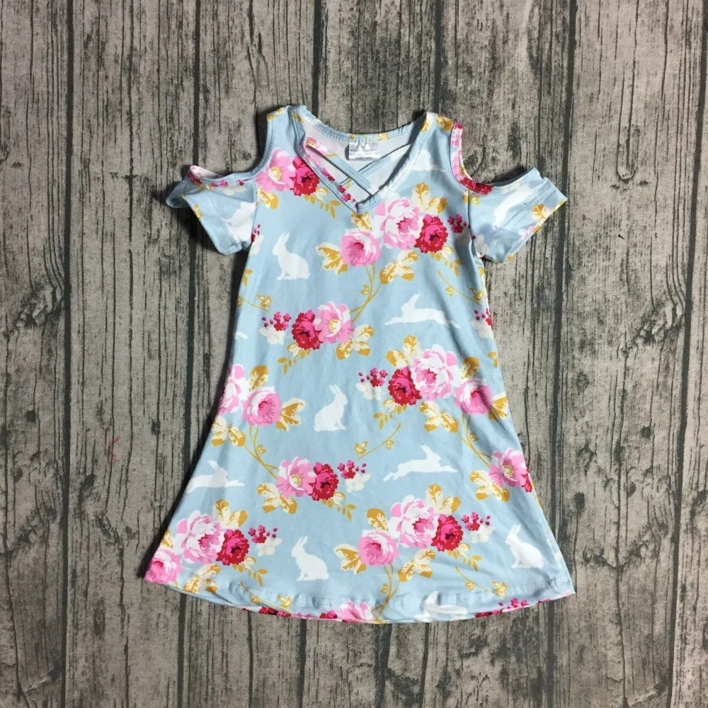 

new Easter bunny flower light blue off shoulder dress baby girls kids wear knee length Summer outfit boutique clothing hot sell