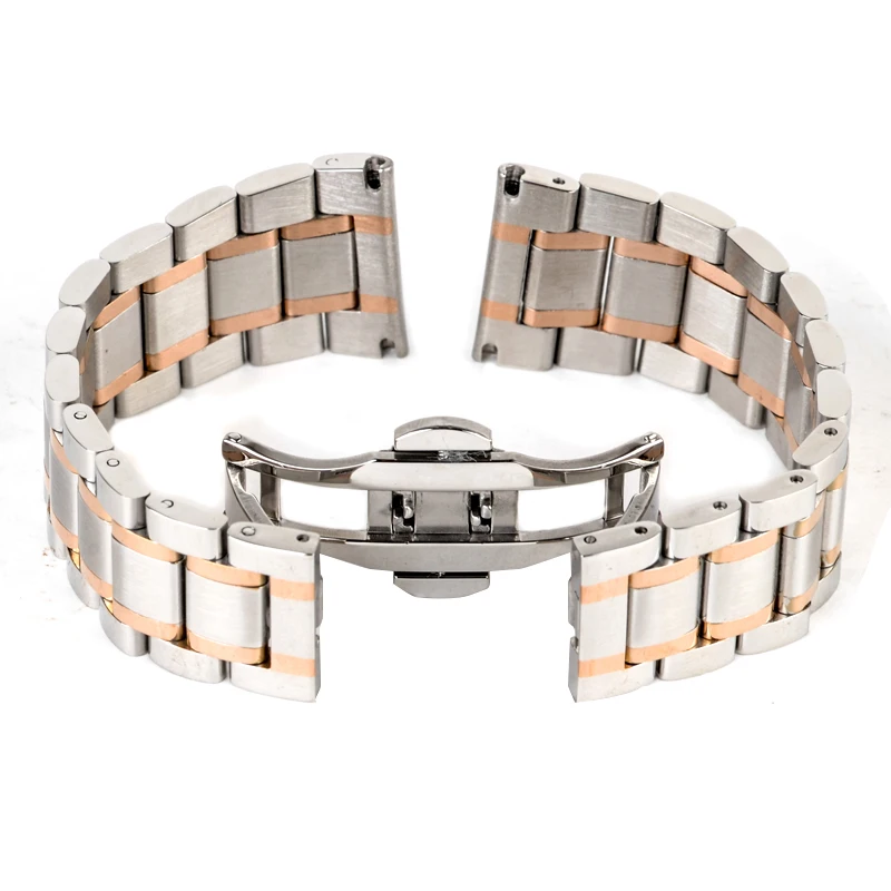 Shellhard New High Quality Silver Black Rose Gold Watchband Stainless Steel Butterfly Clasp Buckle Straight End Watch Band Strap