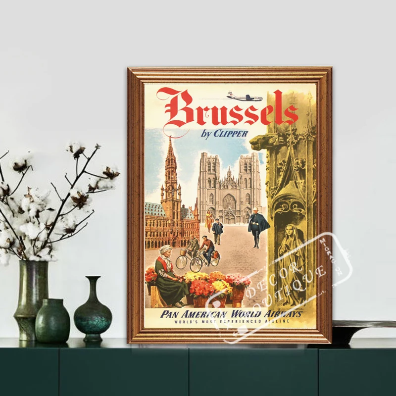 

Belgium Travel Posters Brussels by Clipper Pan American Classic Wall Stickers Canvas Painting Vintage Poster Home Bar Decor Gift