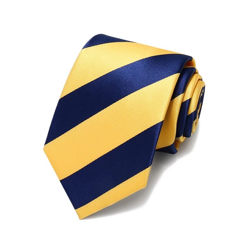 

2020 New Fashion Casual Yellow and Navy Blue Striped Ties For Men 7cm Standard Necktie Wedding Party Cravat with Gift Box