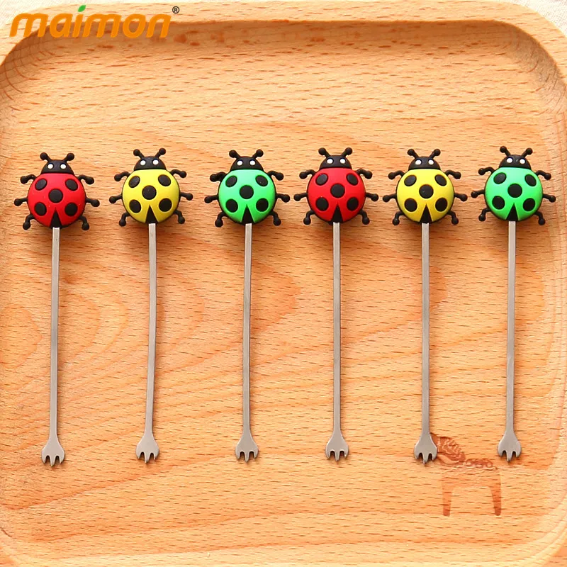 

6pcs/set Baby Ladybug Fruit Forks Set Kitchen Table Decoration Mini Fruit Picker Kids Tableware Fruit & Vegetable Tools
