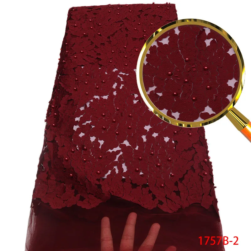 

Flower Fabric Nigerian Dresses, Nigerian Lace Fabric 5Y, Pearls Tulle Lace Fabric Burgundy QF1757B