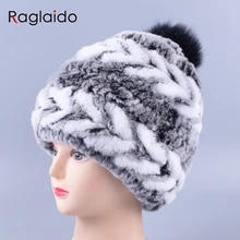 Женские шапки с кроличьим мехом, зимняя меховая шапка с помпоном для девочек, модные вязаные шапки с геометрическим узором, шапочки 55-59 см, LQ11273