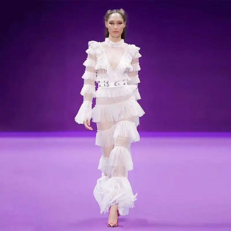 

European Runway Designer Dress 2019 Women Elegant White Cascading Ruffle Mesh Pleated Long Dress Vacation Boho Beach Dress