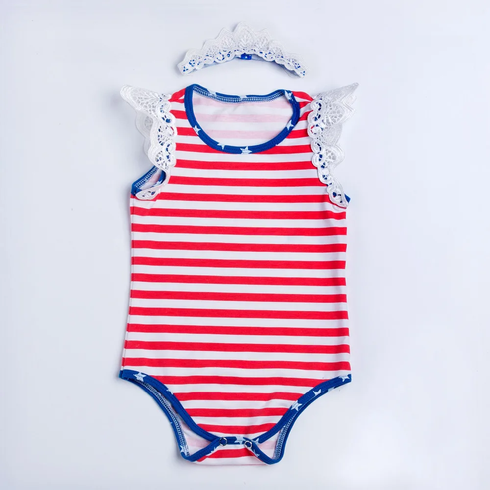

Blue Red Striped Baby Rompers Sleeveless Lace Jumpsuit America Costume and baby Crown Headband Clothing Set for Girls 2 Pieces