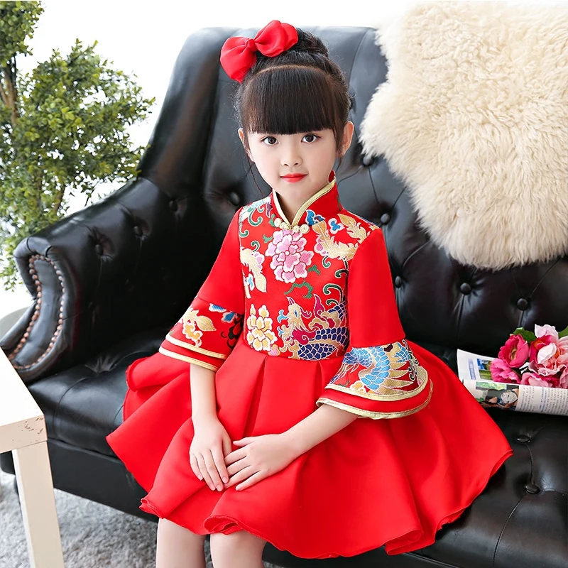 

Chinese Style Retro Cheongsam Ball Gown Dress For Children Girls Kids Birthday Party New Year Christmas Festival Red Color Dress