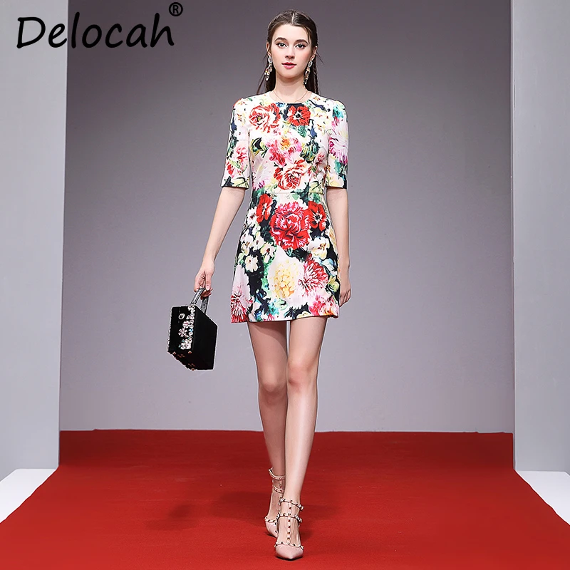 

Delocah Elegant Women Dresses Runway Fashion Designer Summer Dress A Line Half Sleeve Gorgeous Beading Floral Print Short Dress