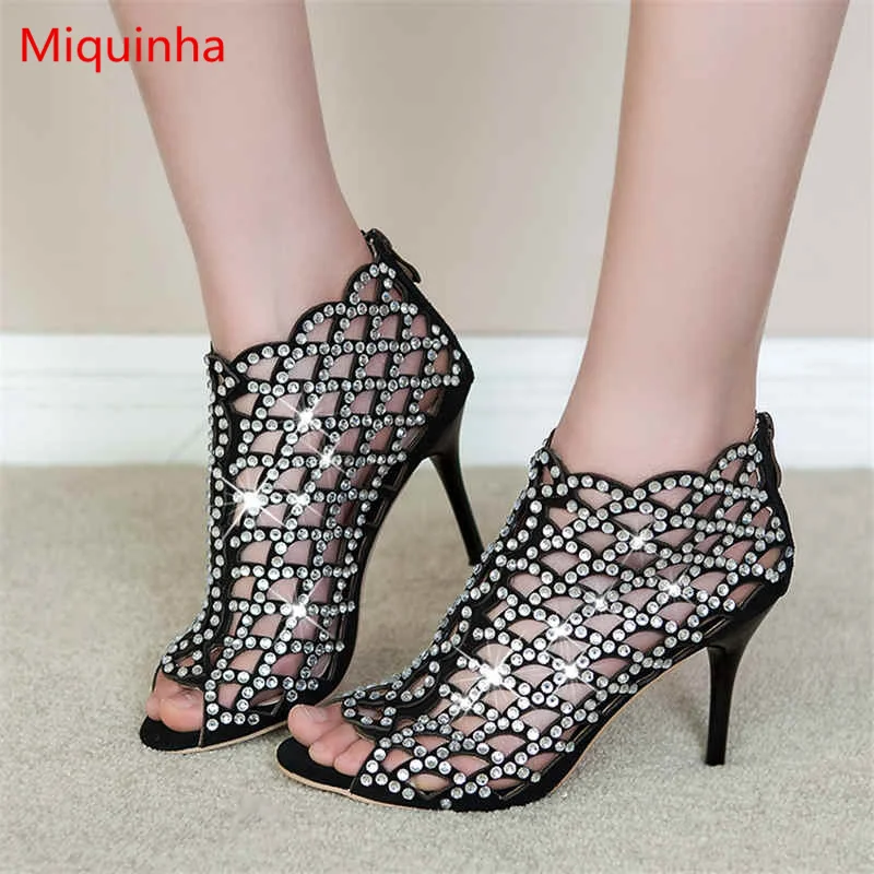 

Miquinha Peep Toe Med Thin Heel Hallow Out Women Sandals Crystal Embellished Super Star Runway Shoes Party Wedding Bridal Shoes