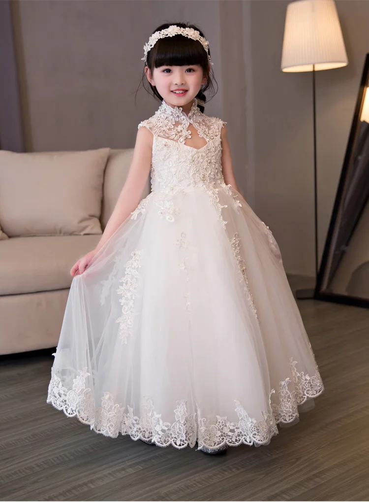 Элегантное свадебное платье с блестками для девочек; белые кружевные вечерние платья принцессы с высоким воротником для дня рождения; платье для первого причастия для девочек - Цвет: long style