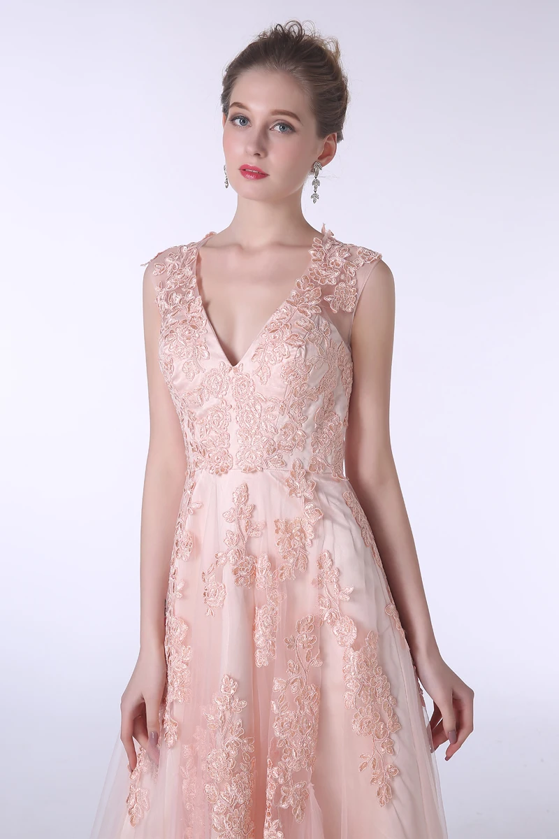 Forevergracedress фактические фотографии розовый длинное вечернее платье Сексуальная Линия V Средства ухода за кожей шеи с аппликацией без рукавов официальная Вечеринка платье плюс Размеры