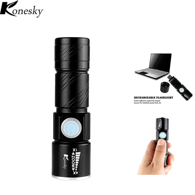 

Konesky Rechargeable Handy Powerful LED Flashlight Torch usb Flash Light Bike Pocket LED Zoomable Lamp For Hunting Black