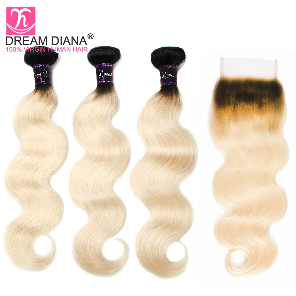 DreamDiana бразильский 1b 613 объемная волна с закрытием remy волосы блонд с темными корнями пучки Омбре светлые пучки с закрытием