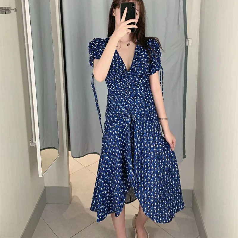

Women casual summer dress flower print V-neck short-sleeved dress pleated bow decoration Vestidos
