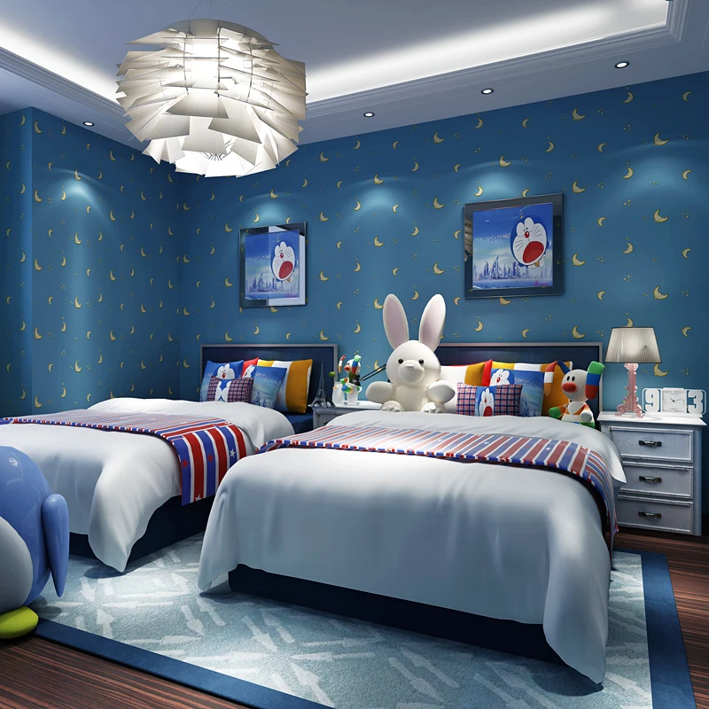 Children's room wallpapers for kids boy girl blue starry sky moon cartoon non-woven wall paper bedroom warm color household deco