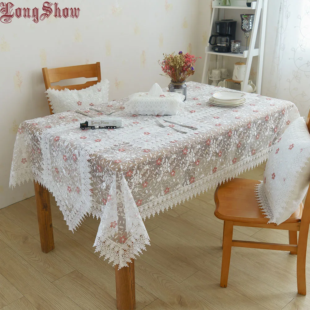 

2019 Newest Elegant White Color Organza Red Flower Embossed Embroidered Tablecloth For Wedding Party