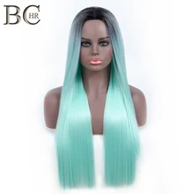 BCHR Long Straight Ombre Wig Dark Roots Synthetic Wigs Mint Green Red Color Heat Resistant Hair for Women Free Shipping