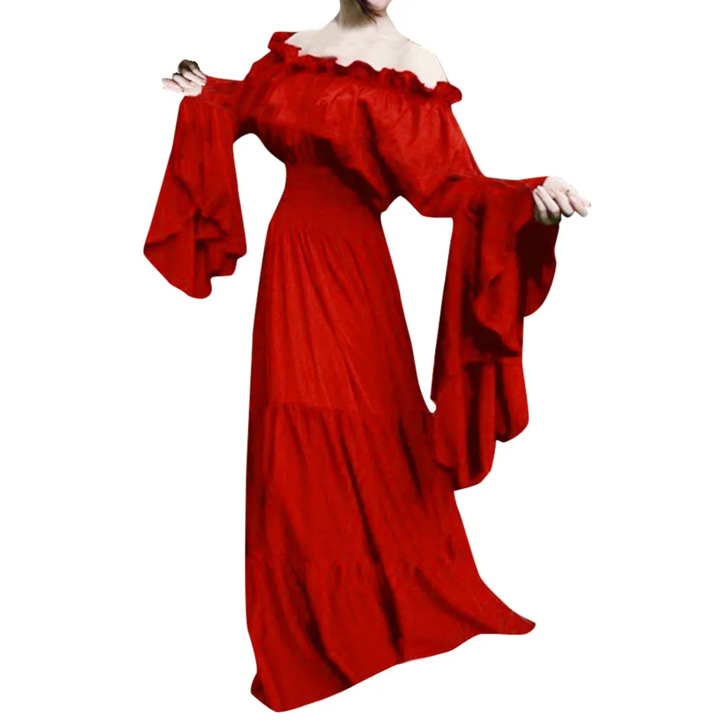 

Women Maxi Dress Slash Neck Sexy Sping Dress Solid Flare Sleeve Long Sleeve Dress Vintage Loose Long Dress