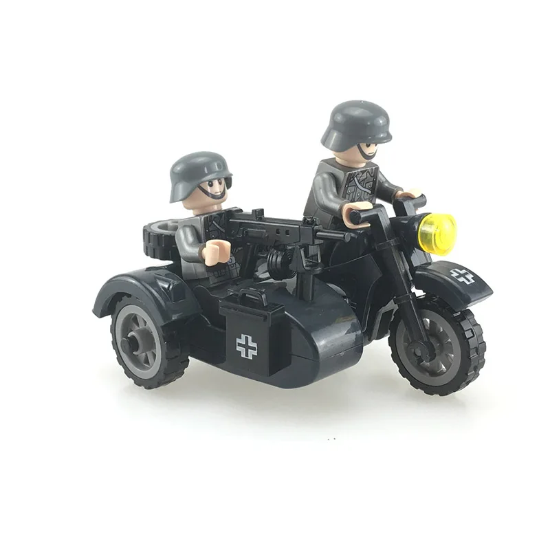 

WW2 Germany Military Motorcycle Army Soldiers Rifle Vehicle Model Weapons Building Block Military Figures Toys for children