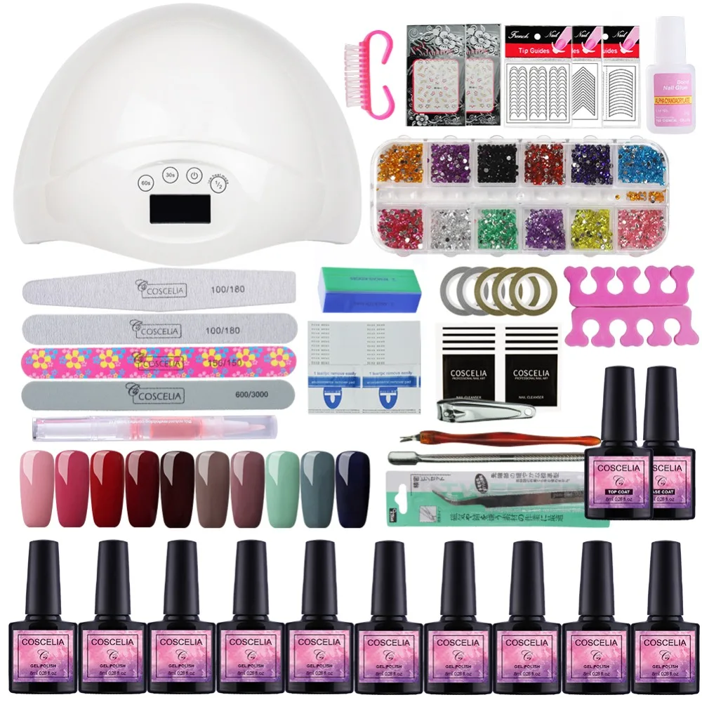 

COSCELIA 48W Nail Led Lamp Dryer Manicure Tool 10 Color Nail Polish Gel UV Varnishes Base Gel Top Coat Kit For Nail Tool