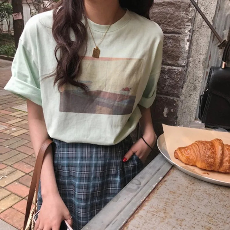 

3 colors summer women tops 2019 korean vintage style cartoon print short sleeve t-shirts womens tee shirt femme (B8606)