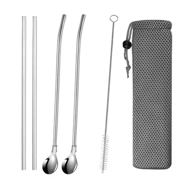 

Reusable Metal Drinking Straws as as a stirring spoon 304 Stainless Steel Sturdy Bent Drinks Straw with Cleaning Brush