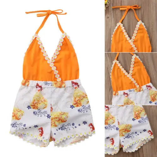 Cartoon Princess Rompers Halter Summer Baby Girl V Neck Sleeveless Backless Floral Jumpsuit Sunsuit Toddler One-Piece Clothes | Детская